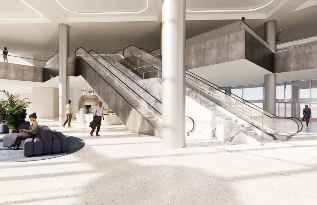 Modern lobby at 701 San Marco office tower in Jacksonville Southbank.